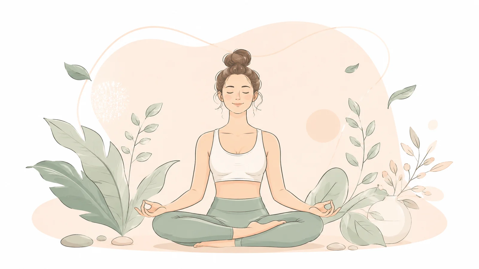Woman practising peaceful seated yoga surrounded by plants