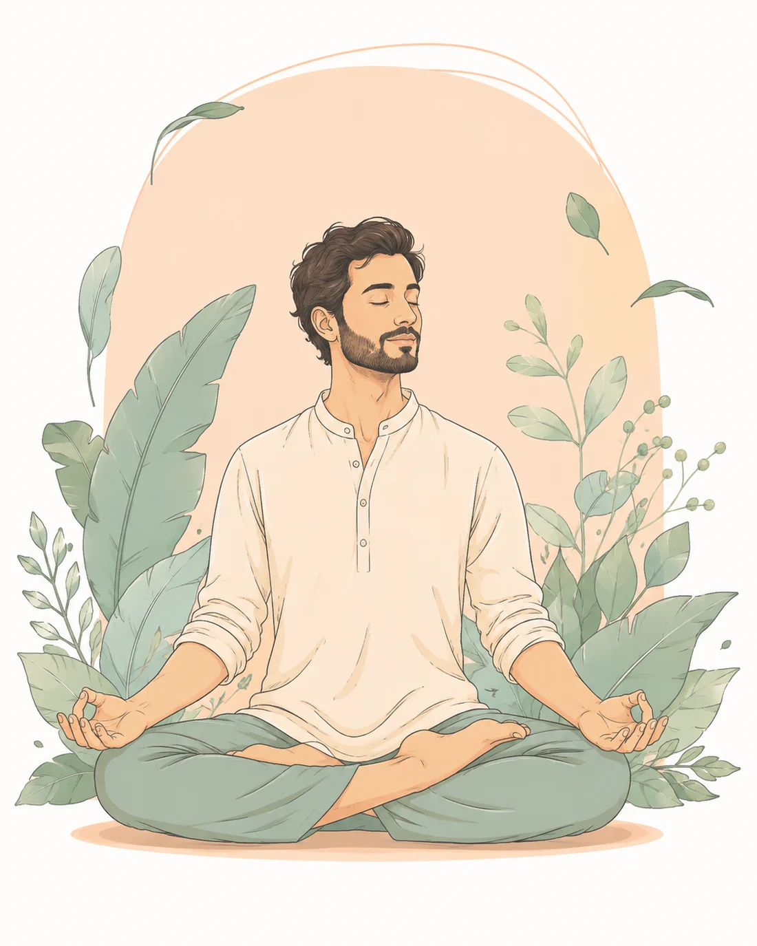 Man practising peaceful meditation surrounded by plants